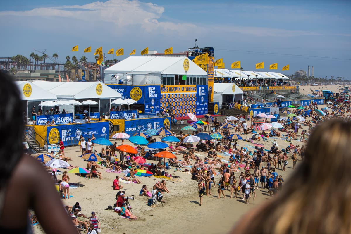 Aerial view of the US Open of Surf festival village on the beach